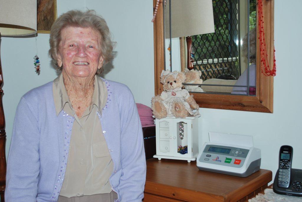 Elsie, standing next to her Fall Buddy, is 93 years old and lives alone. Elsie, standing next to her Fall Buddy, is 93 years old and lives alone.
